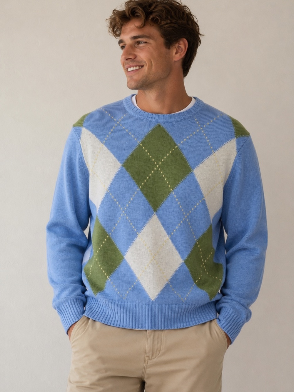 Brooks Brothers Pima Cotton Argyle Sweater Mens Small Blue Green Crewneck Preppy